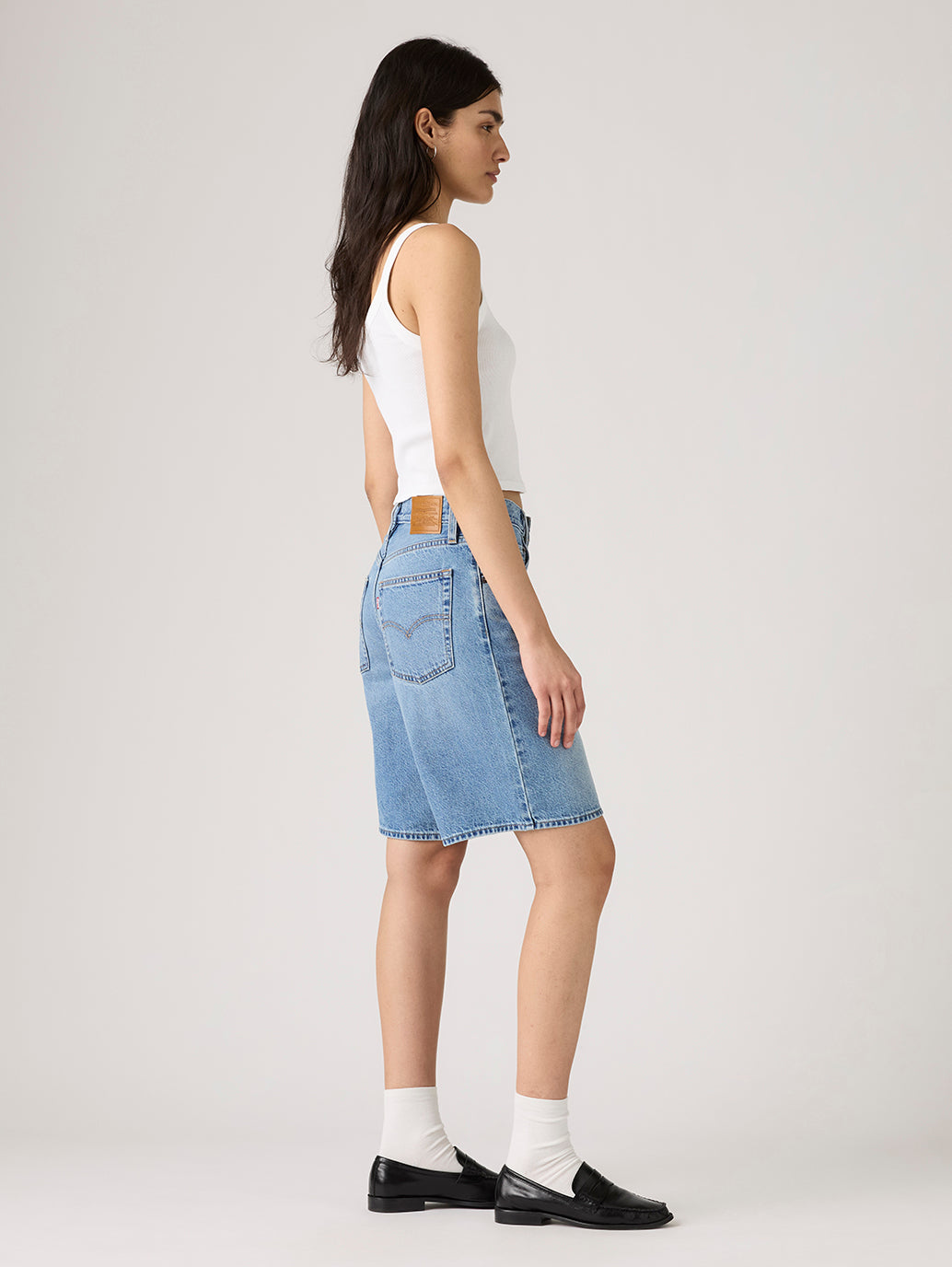 Women's Med Indigo Baggy Fit Mid Rise Shorts - Side View