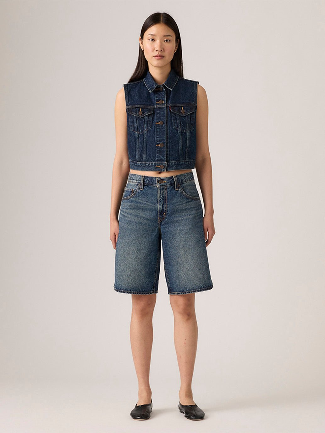 Women's Mid Rise Blue Baggy Fit Shorts - Front View