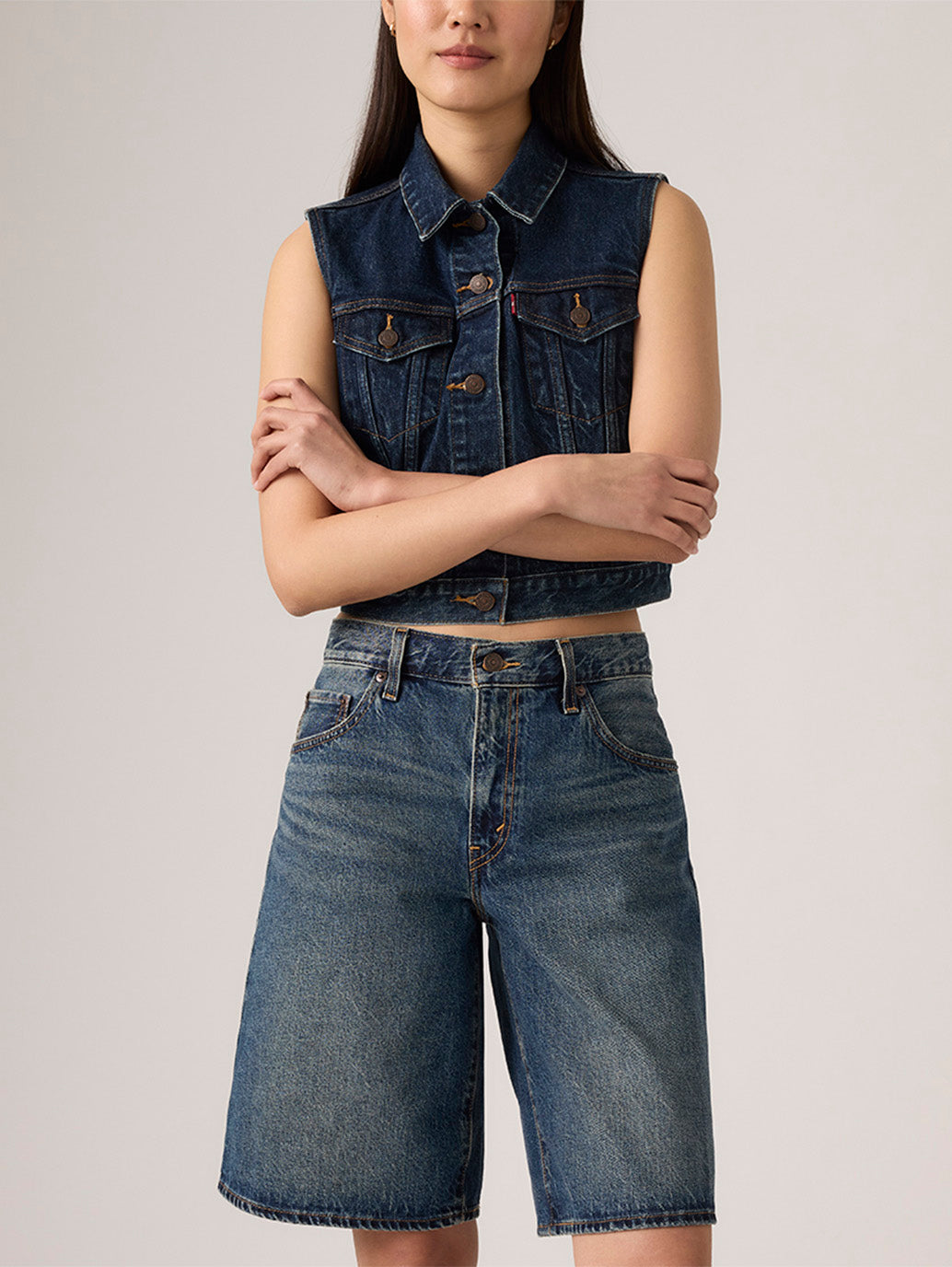 Women's Mid Rise Blue Baggy Fit Shorts - Detail View