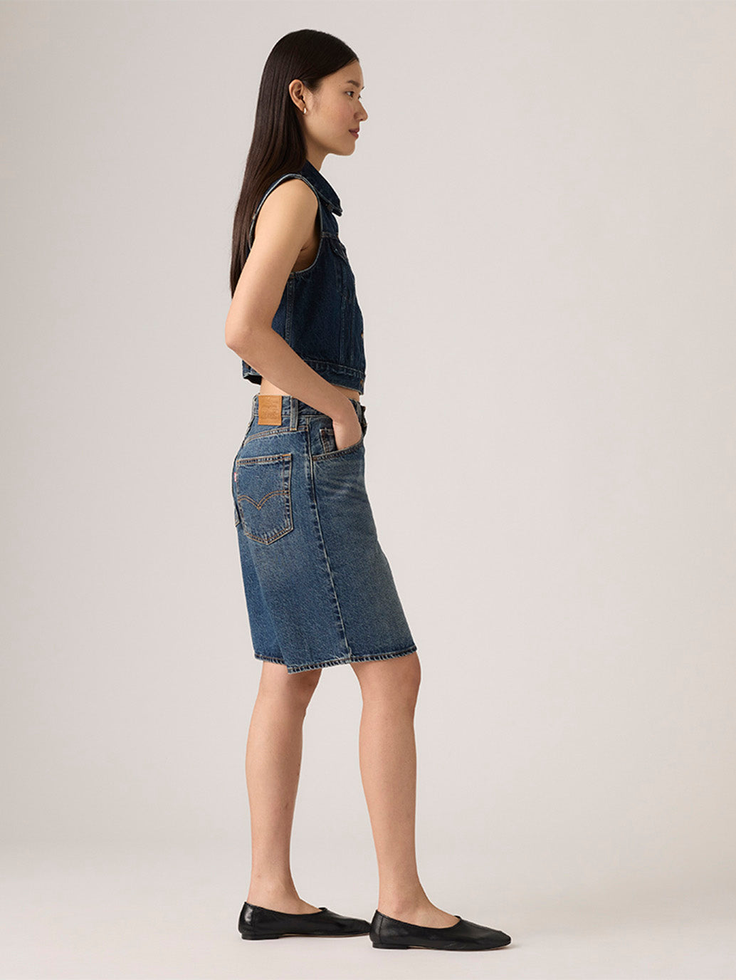Women's Mid Rise Blue Baggy Fit Shorts - Side View