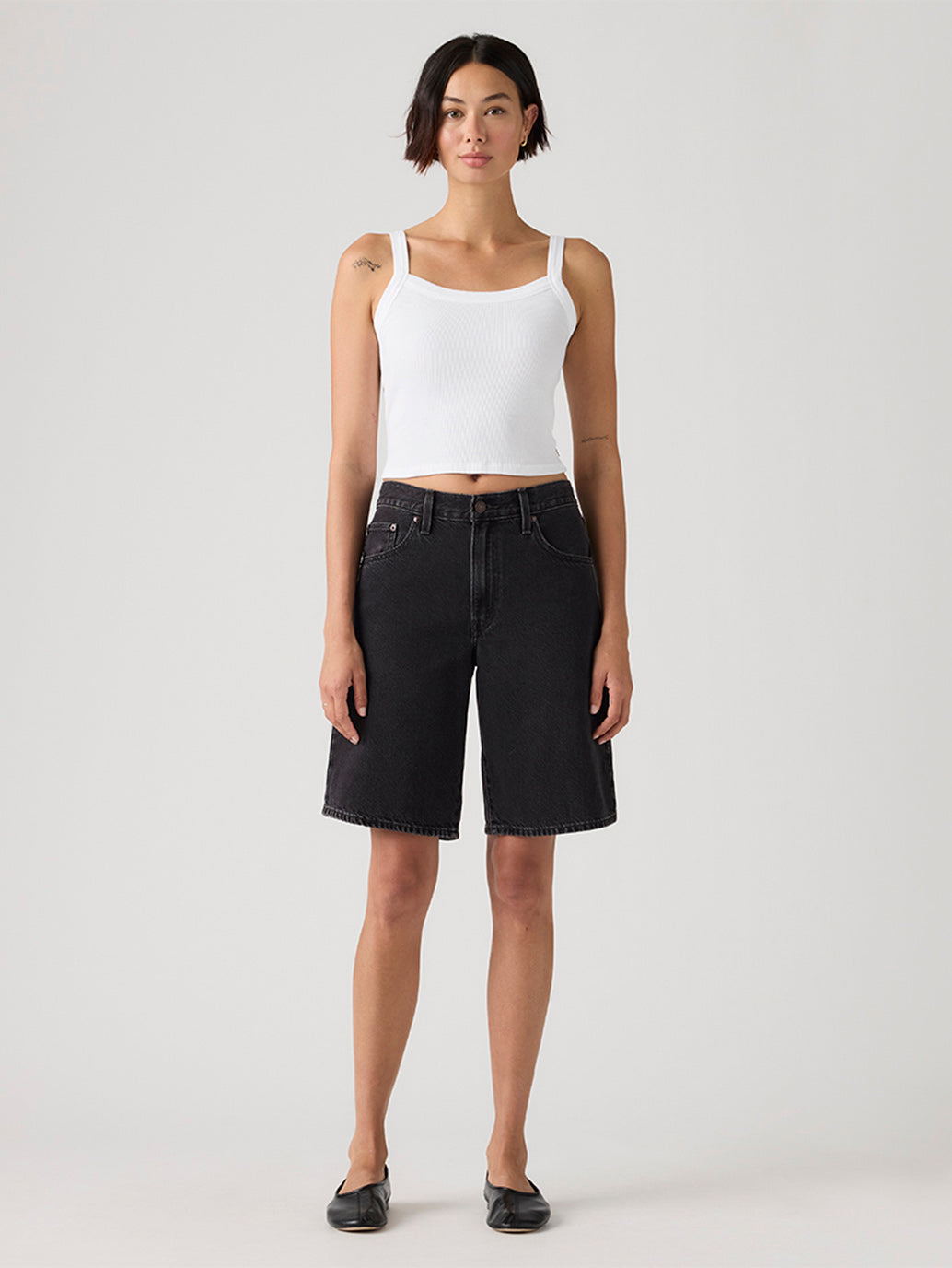 Women's Mid Rise Black Baggy Fit Shorts - Front View