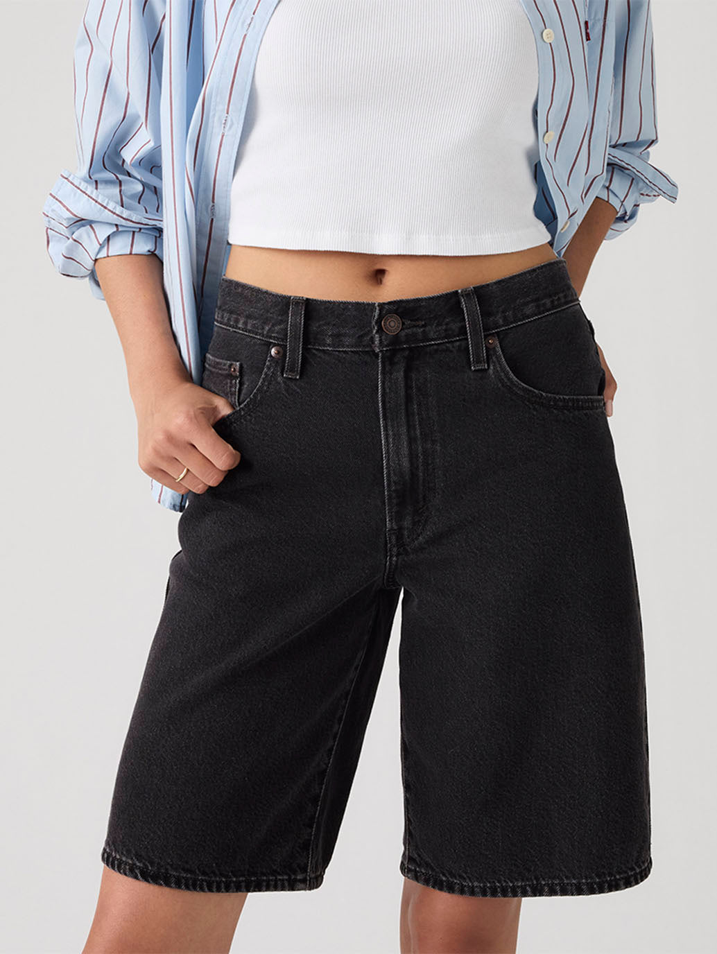 Women's Mid Rise Black Baggy Fit Shorts - Detail View