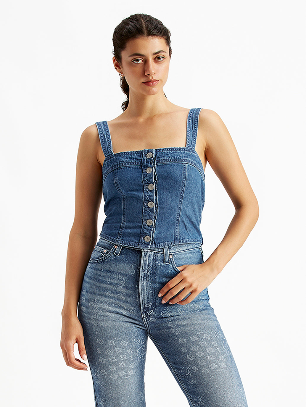 Women's Solid Blue Denim Corset Top - Styleshot View