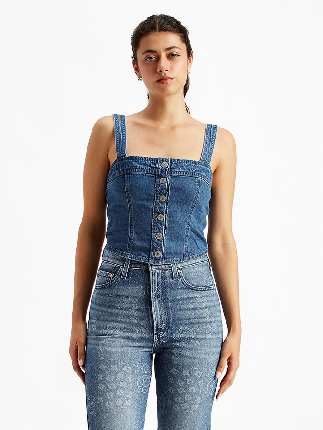 Women's Solid Blue Denim Corset Top - Front View