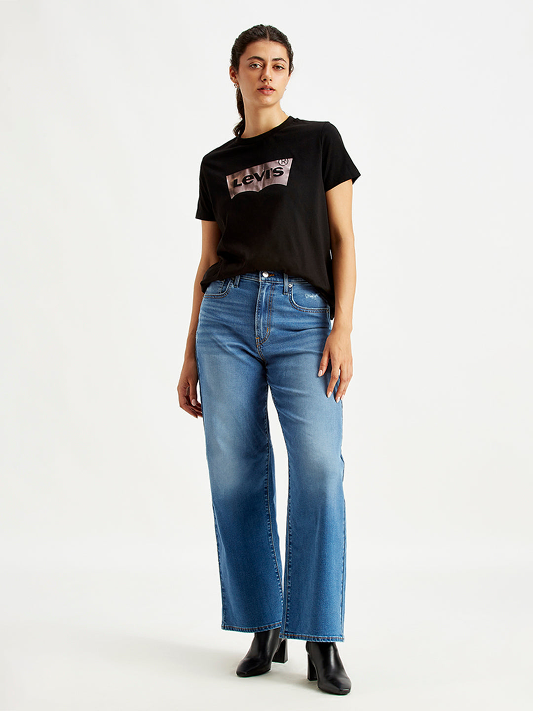 Women's Blue Wide Leg Fit High Rise Jeans
