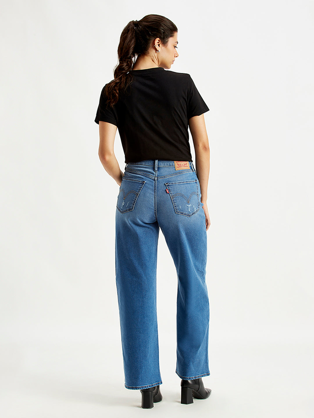 Women's Blue Wide Leg Fit High Rise Jeans - Back View