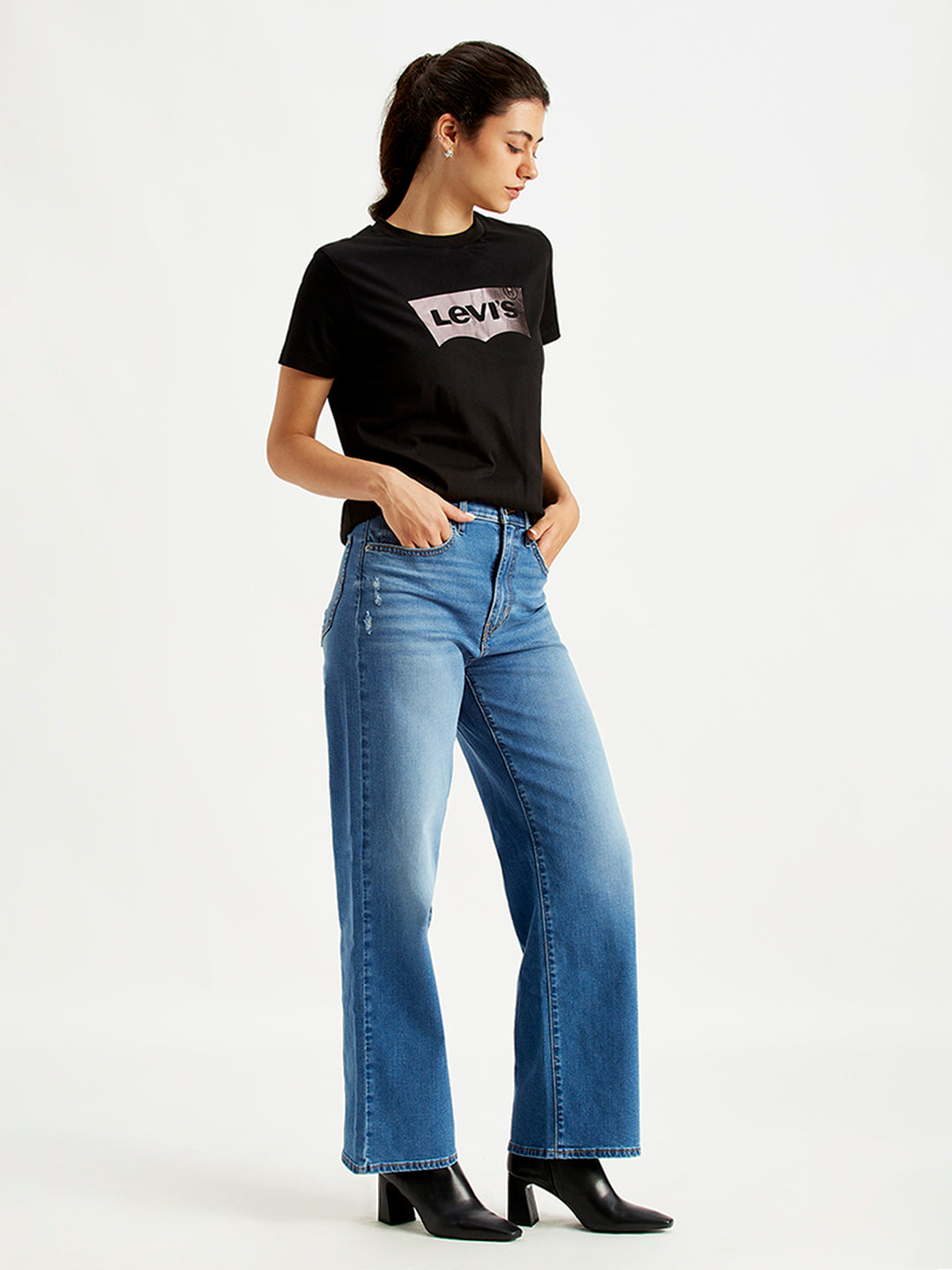 Women's Blue Wide Leg Fit High Rise Jeans - Side View