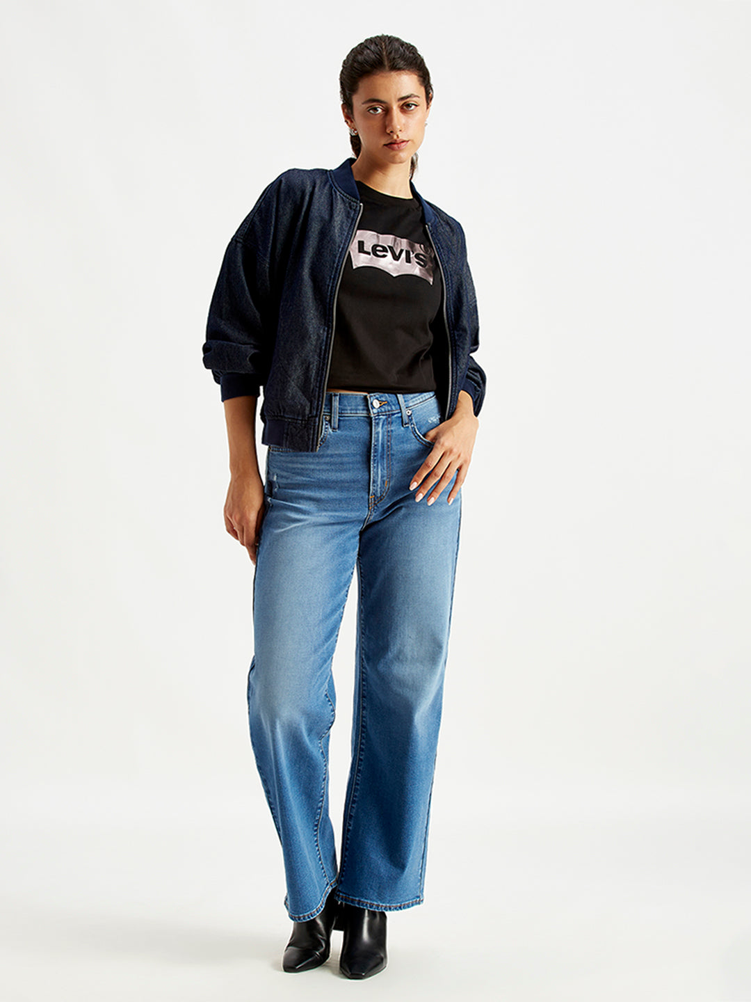 Women's Blue Wide Leg Fit High Rise Jeans - Styleshot View