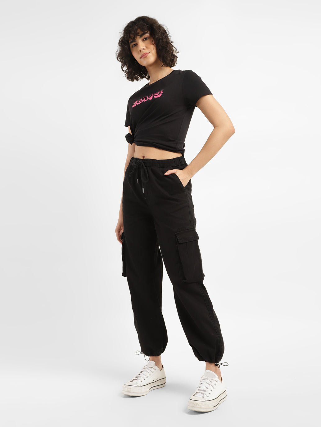 Women's Black Relaxed Fit High Rise Cargo Jogger