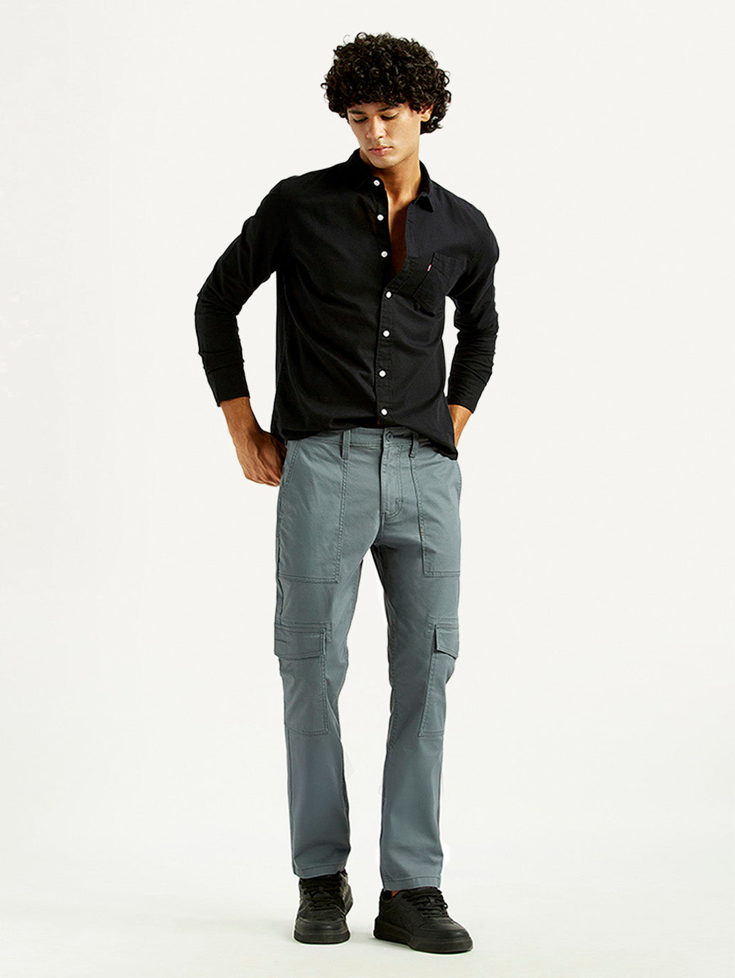 Men's Grey Slim Fit Cargo Trousers - Styleshot View