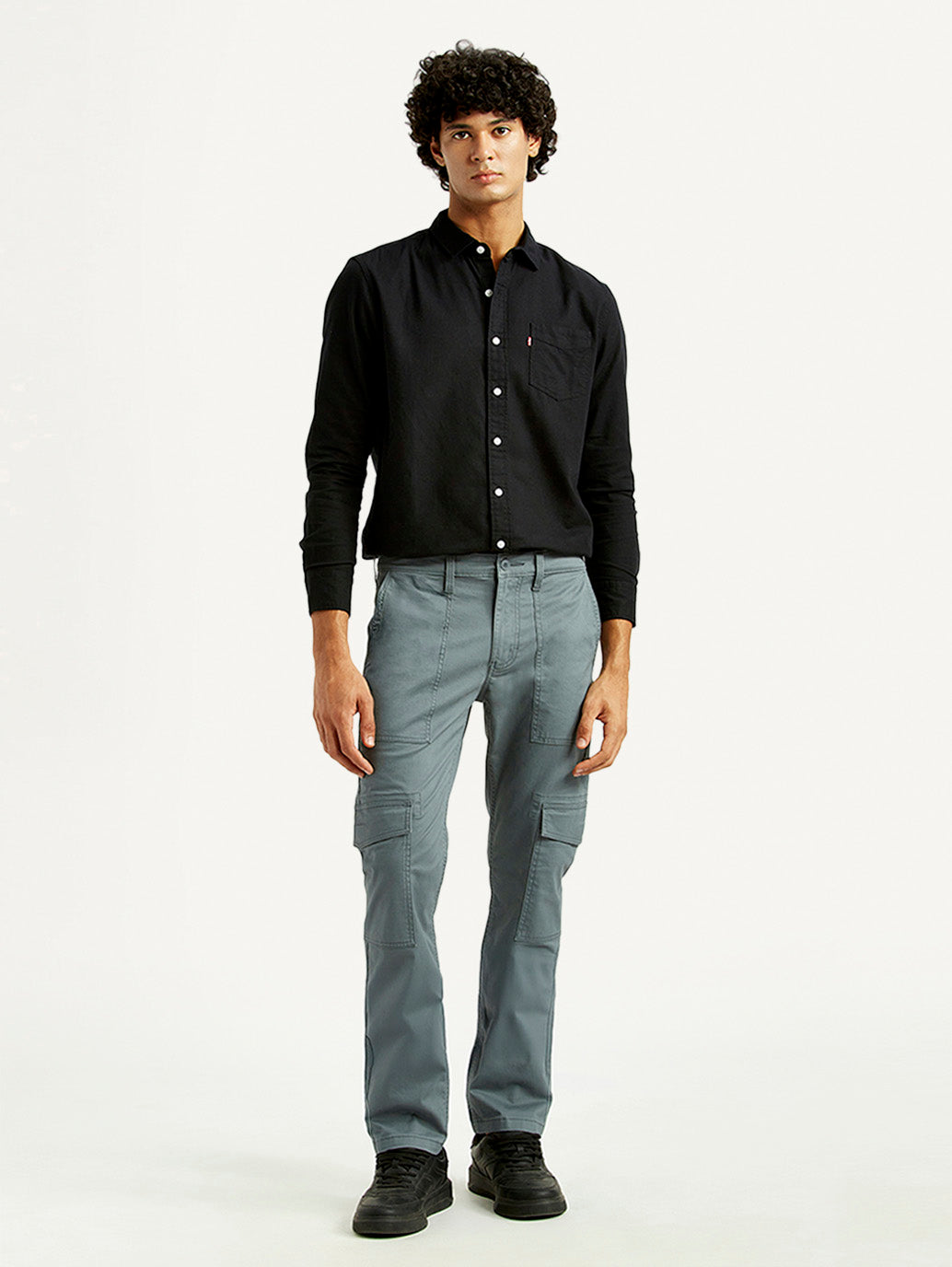 Men's Grey Slim Fit Cargo Trousers - Front View