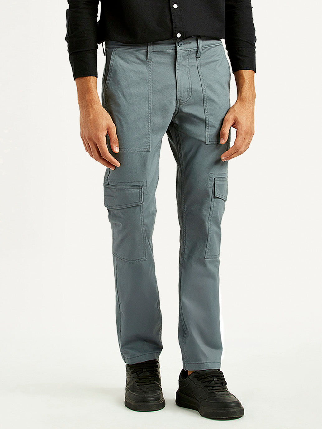 Men's Grey Slim Fit Cargo Trousers - Front View