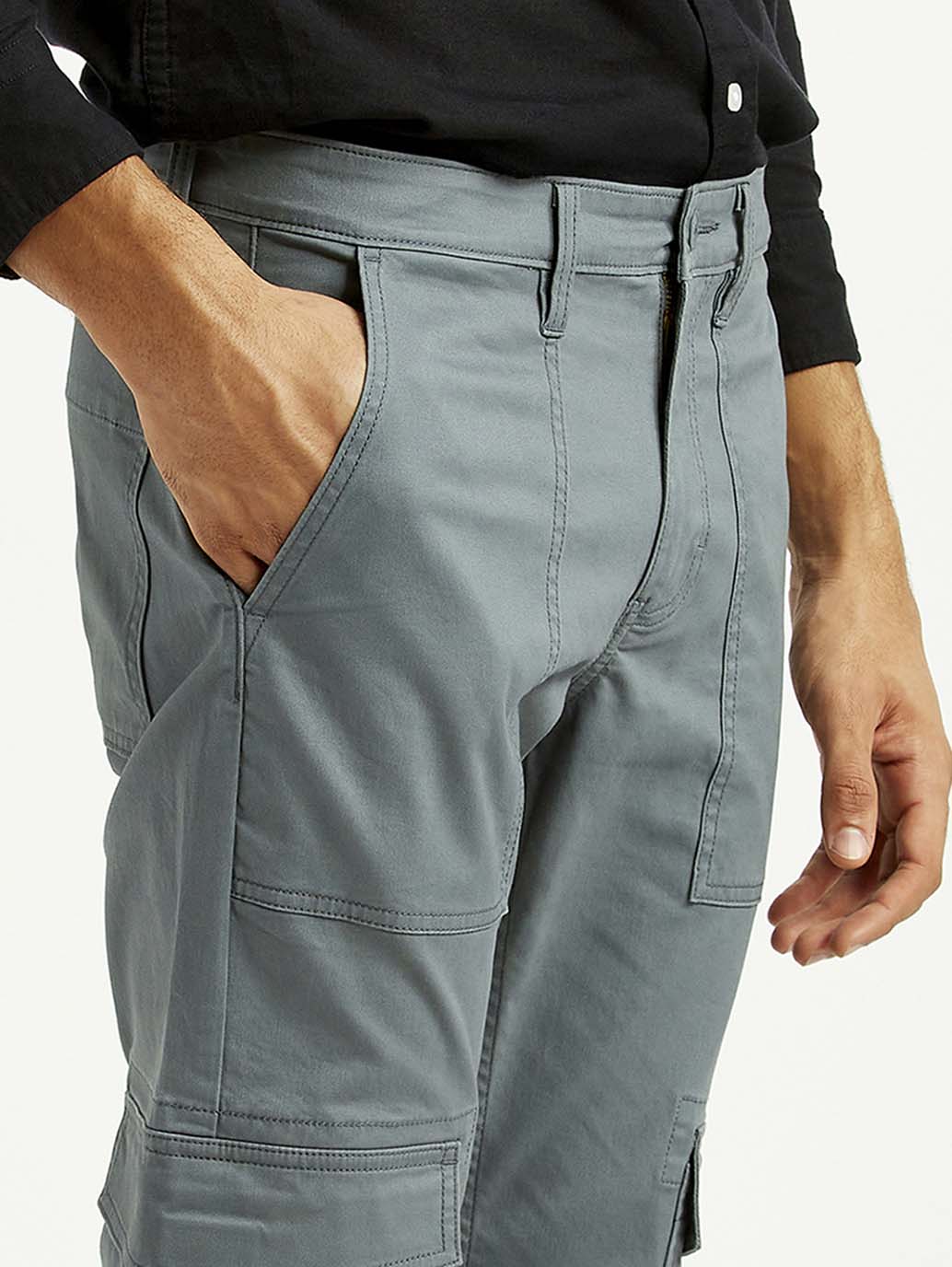 Men's Grey Slim Fit Cargo Trousers - Detail View
