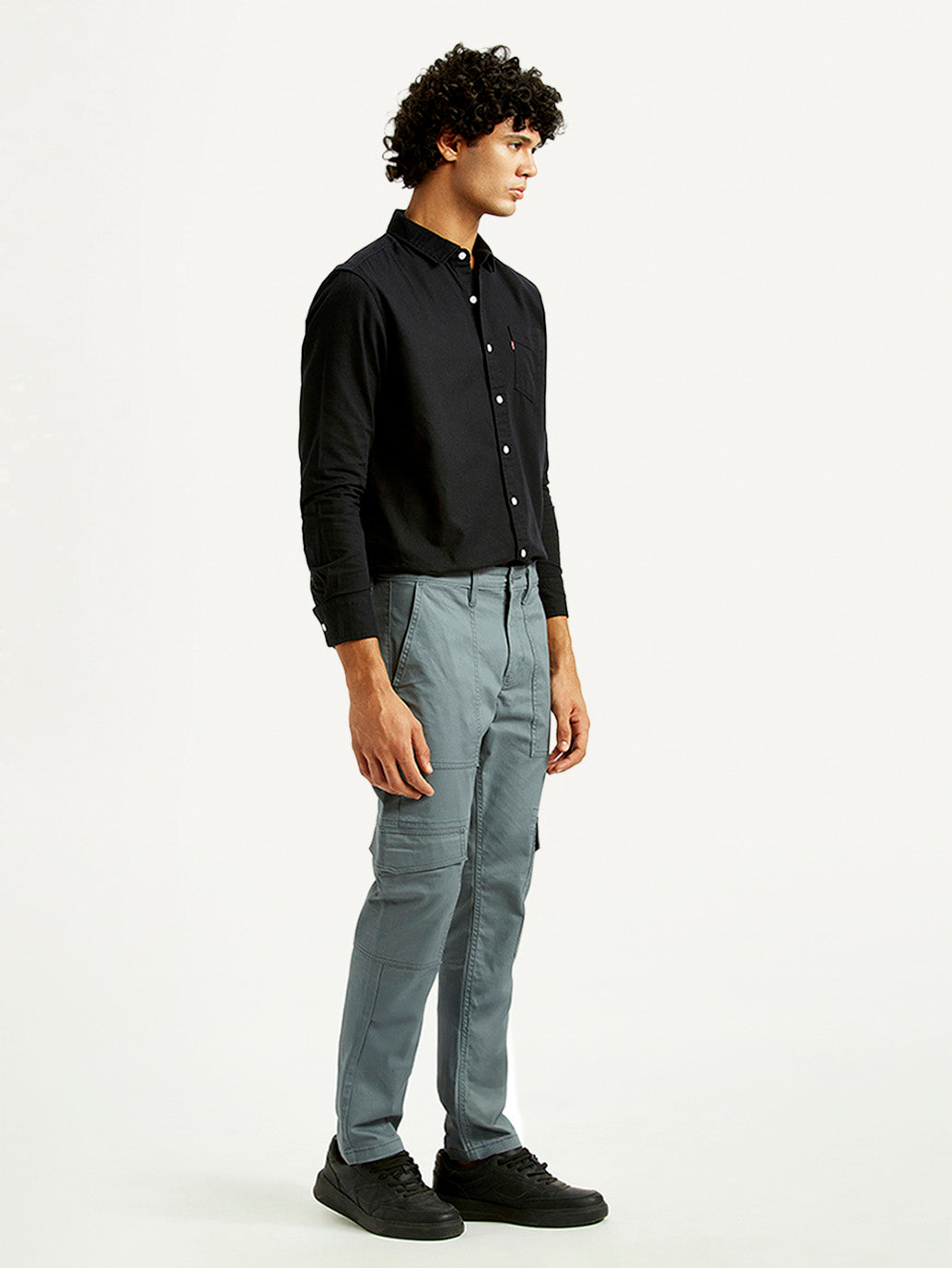 Men's Grey Slim Fit Cargo Trousers - Side View