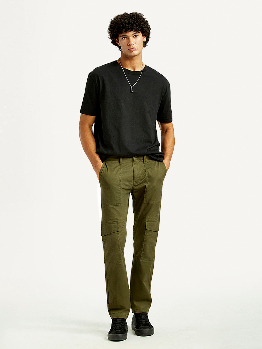 Men's Olive Green Slim Fit Cargo Trousers - Styleshot View