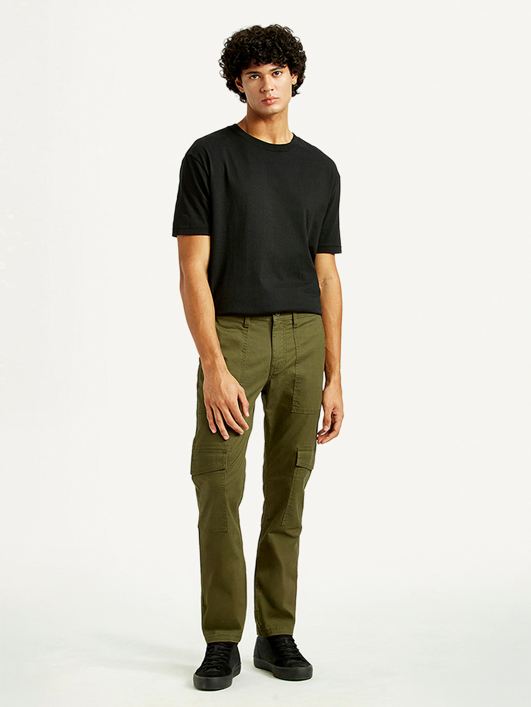 Men's Olive Green Slim Fit Cargo Trousers - Front View