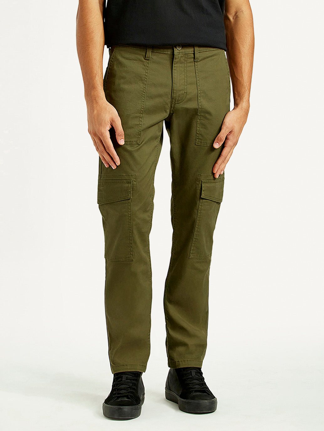 Men's Olive Green Slim Fit Cargo Trousers - Front View