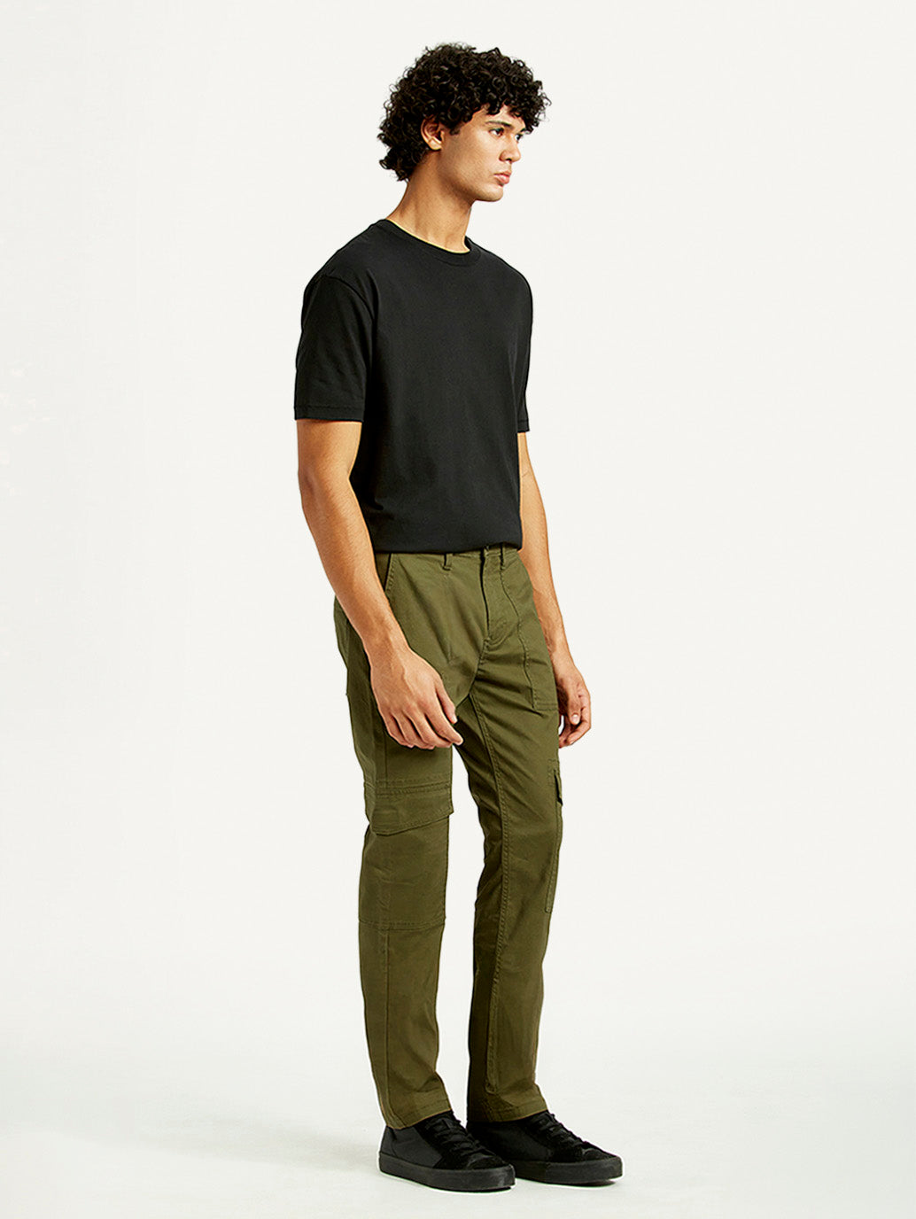 Men's Olive Green Slim Fit Cargo Trousers - Side View