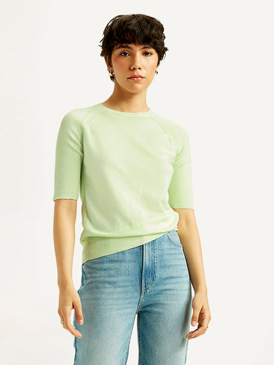 Women's Solid Light Green Boat Neck Top