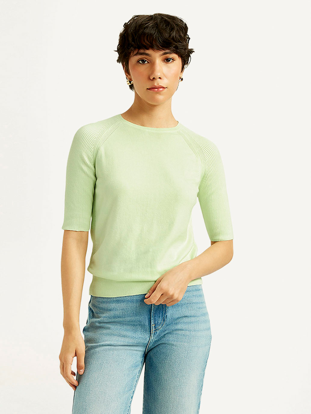 Women's Solid Light Green Boat Neck Top - Front View