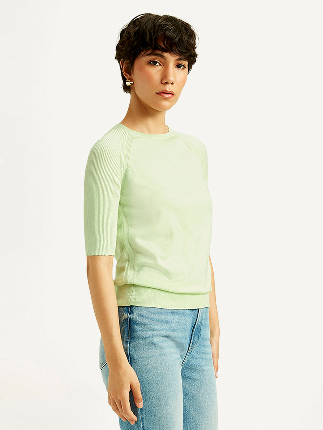 Women's Solid Light Green Boat Neck Top - Side View