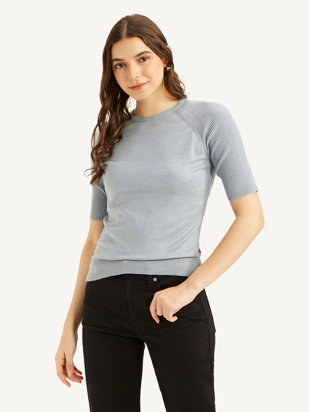 Women's Solid Greyish-Blue Crew Neck Top - Styleshot View