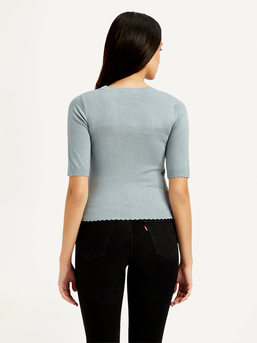 Women's Solid Greyish-Blue Crew Neck Top