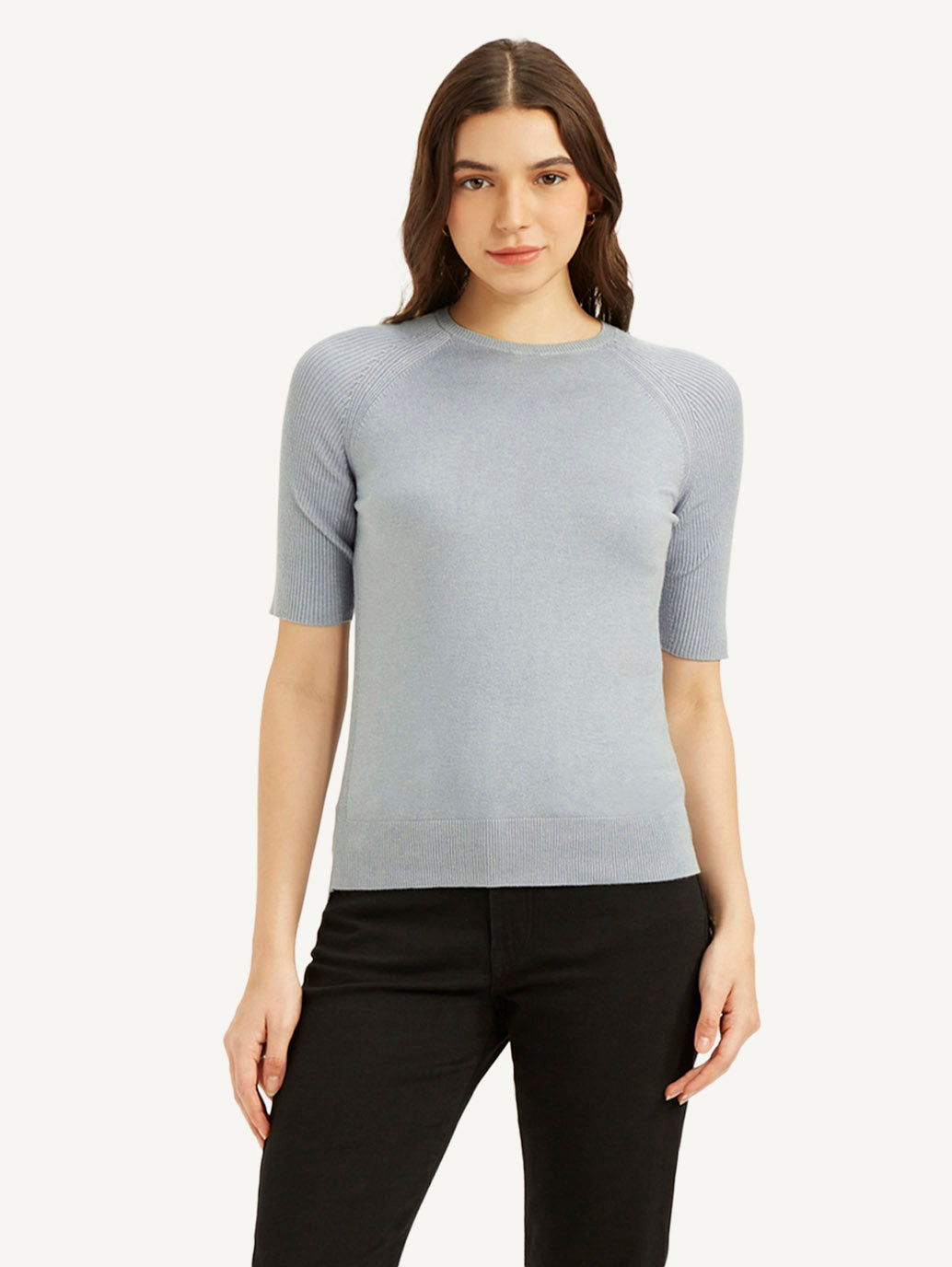 Women's Solid Greyish-Blue Crew Neck Top - Front View