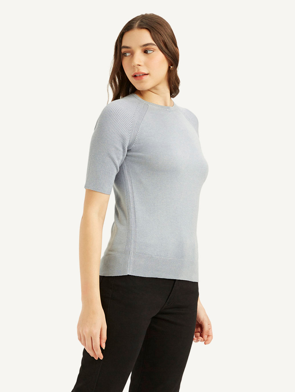 Women's Solid Greyish-Blue Crew Neck Top - Side View