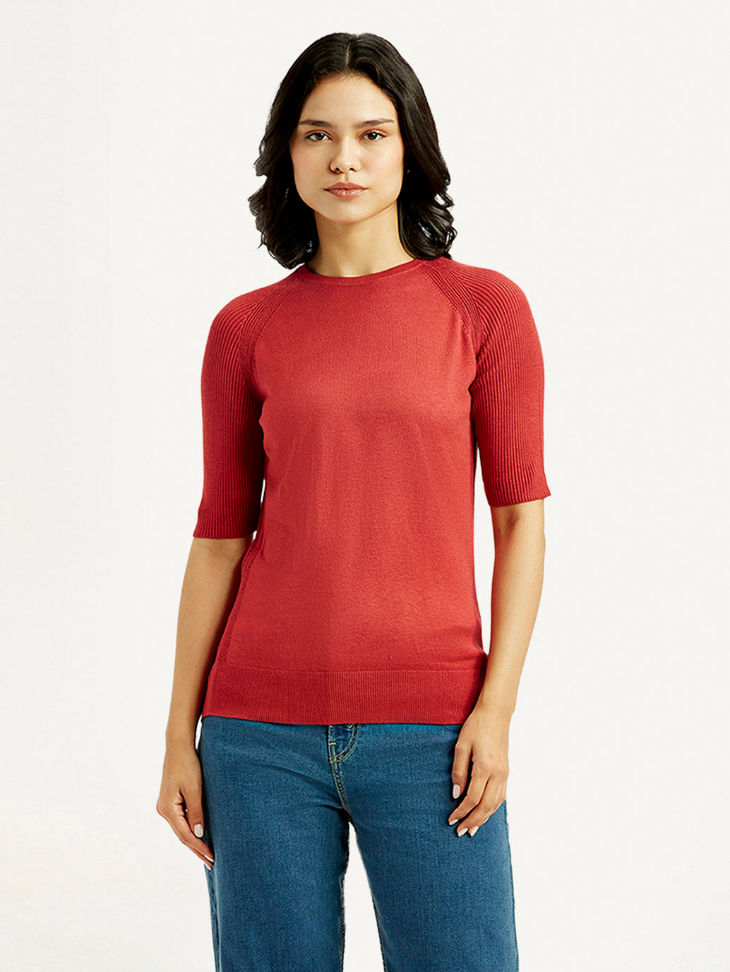 Women's Solid Red Crew Neck Top - Front View