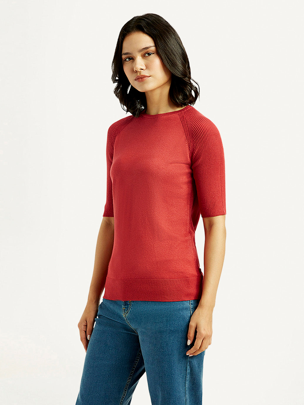 Women's Solid Red Crew Neck Top - Side View