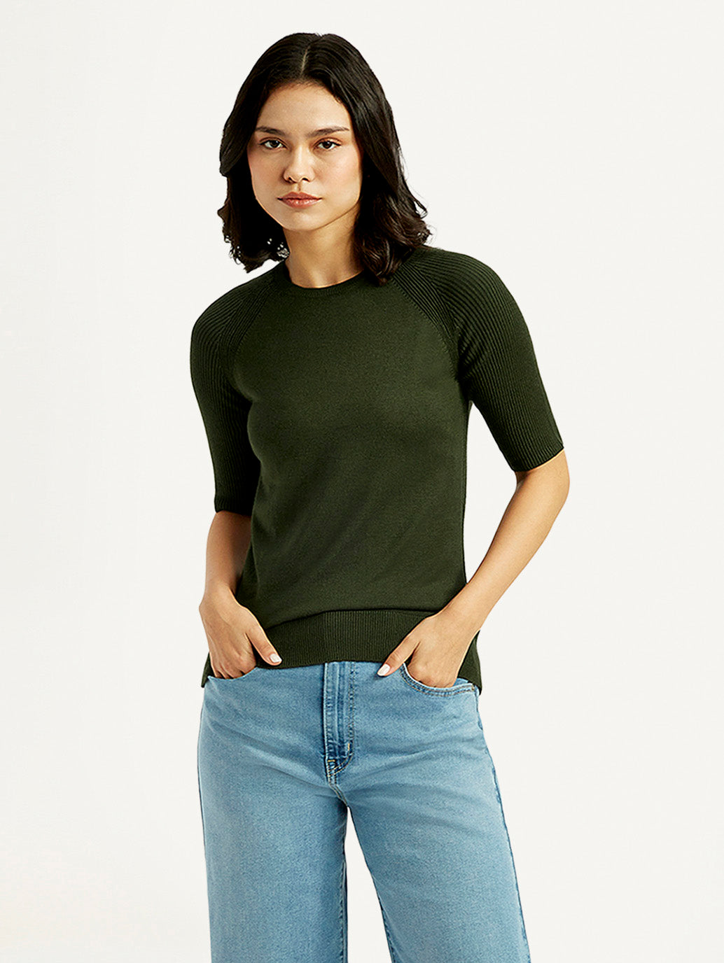 Women's Solid Dark Green Crew Neck Top - Styleshot View