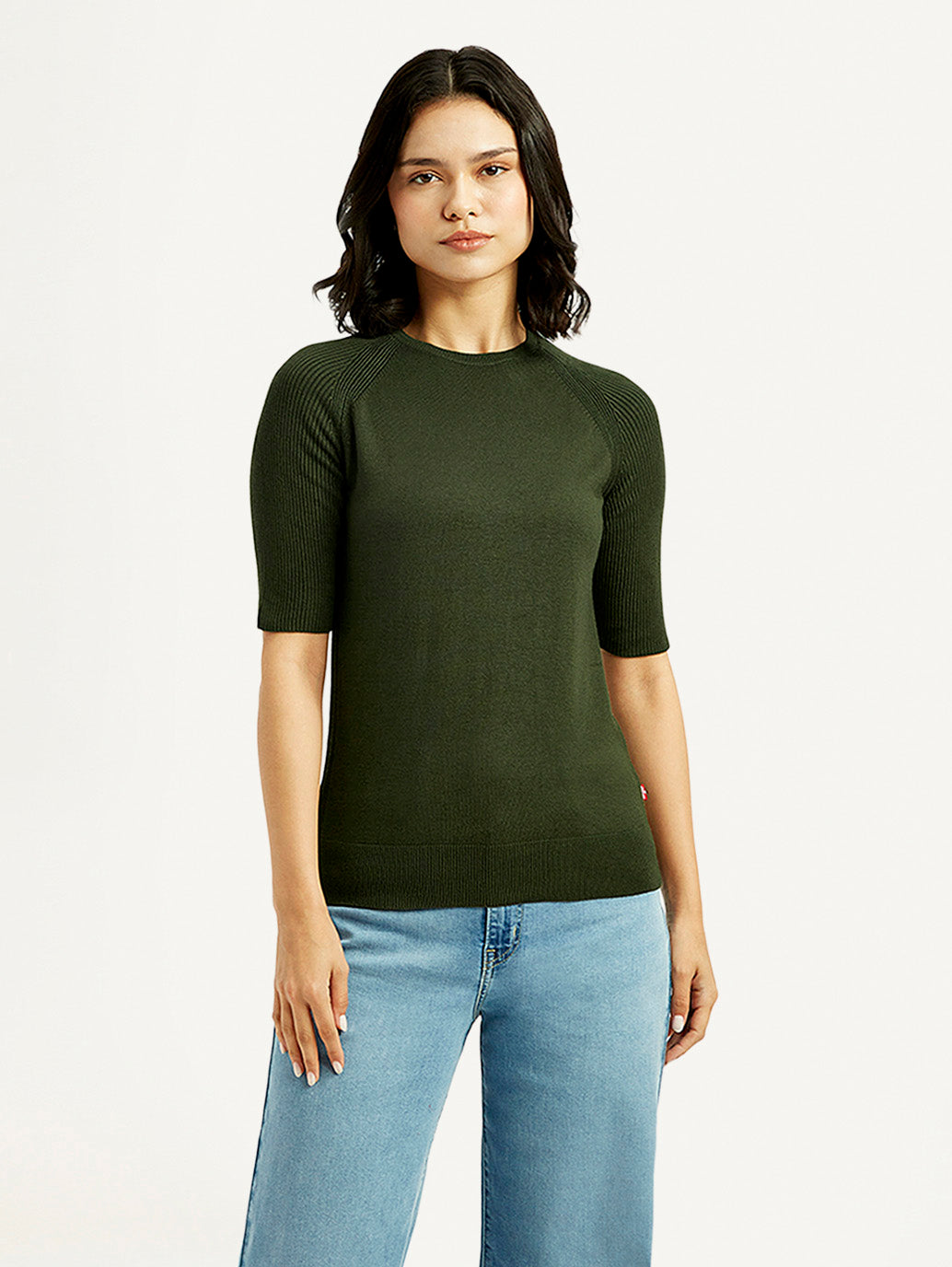 Women's Solid Dark Green Crew Neck Top - Front View