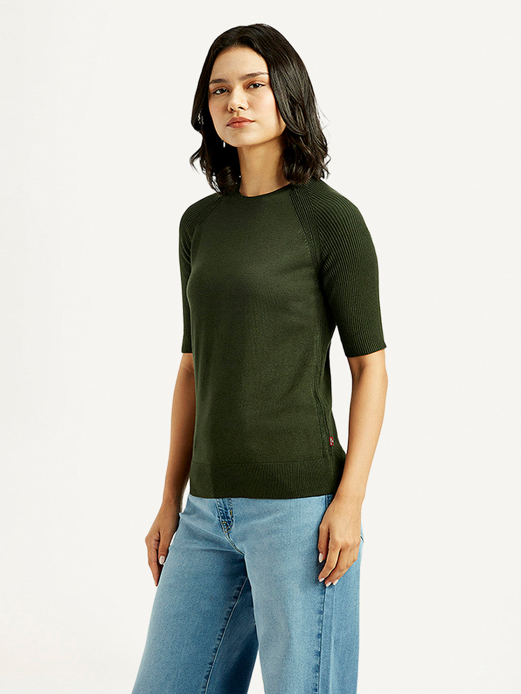 Women's Solid Dark Green Crew Neck Top - Side View
