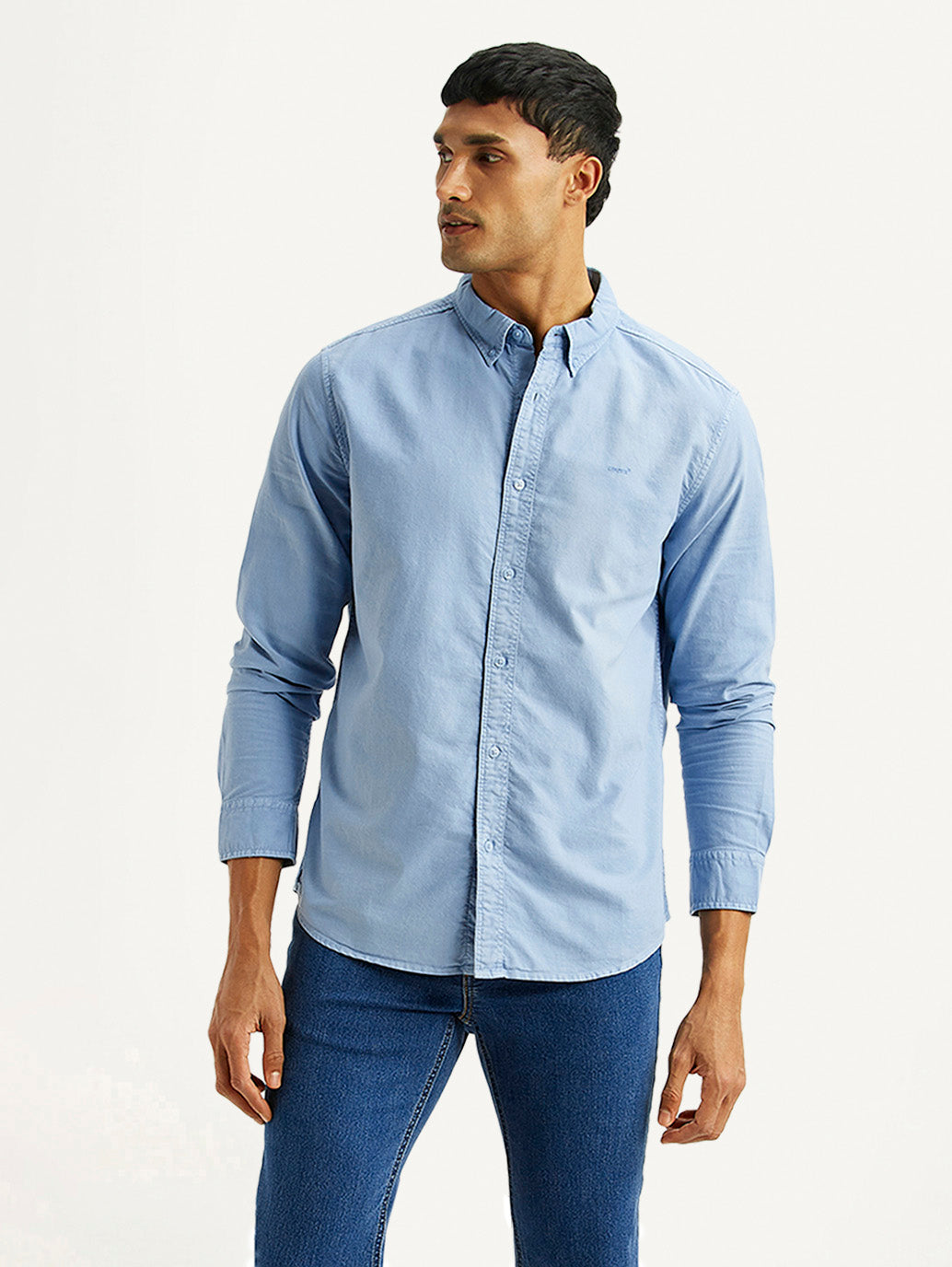 Men's Solid Light Blue Slim Fit Oxford Shirt