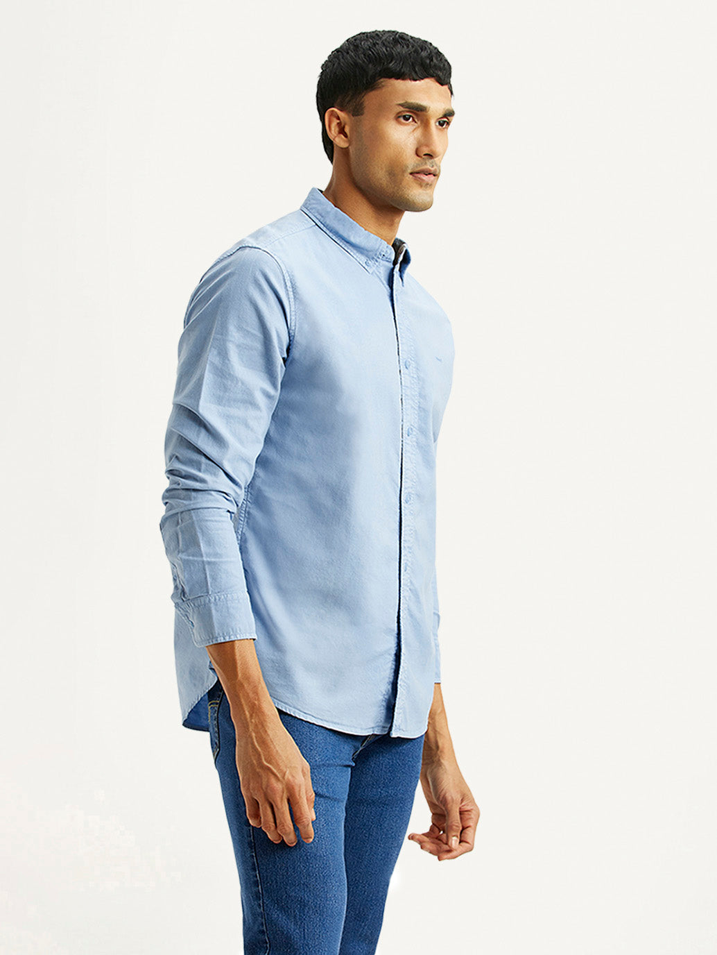 Men's Solid Light Blue Slim Fit Oxford Shirt - Side View