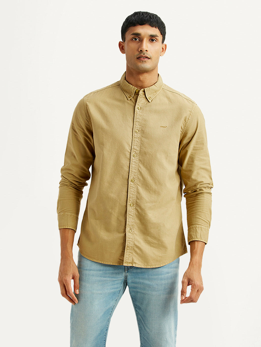 Men's Solid Beige Slim Fit Oxford Shirt