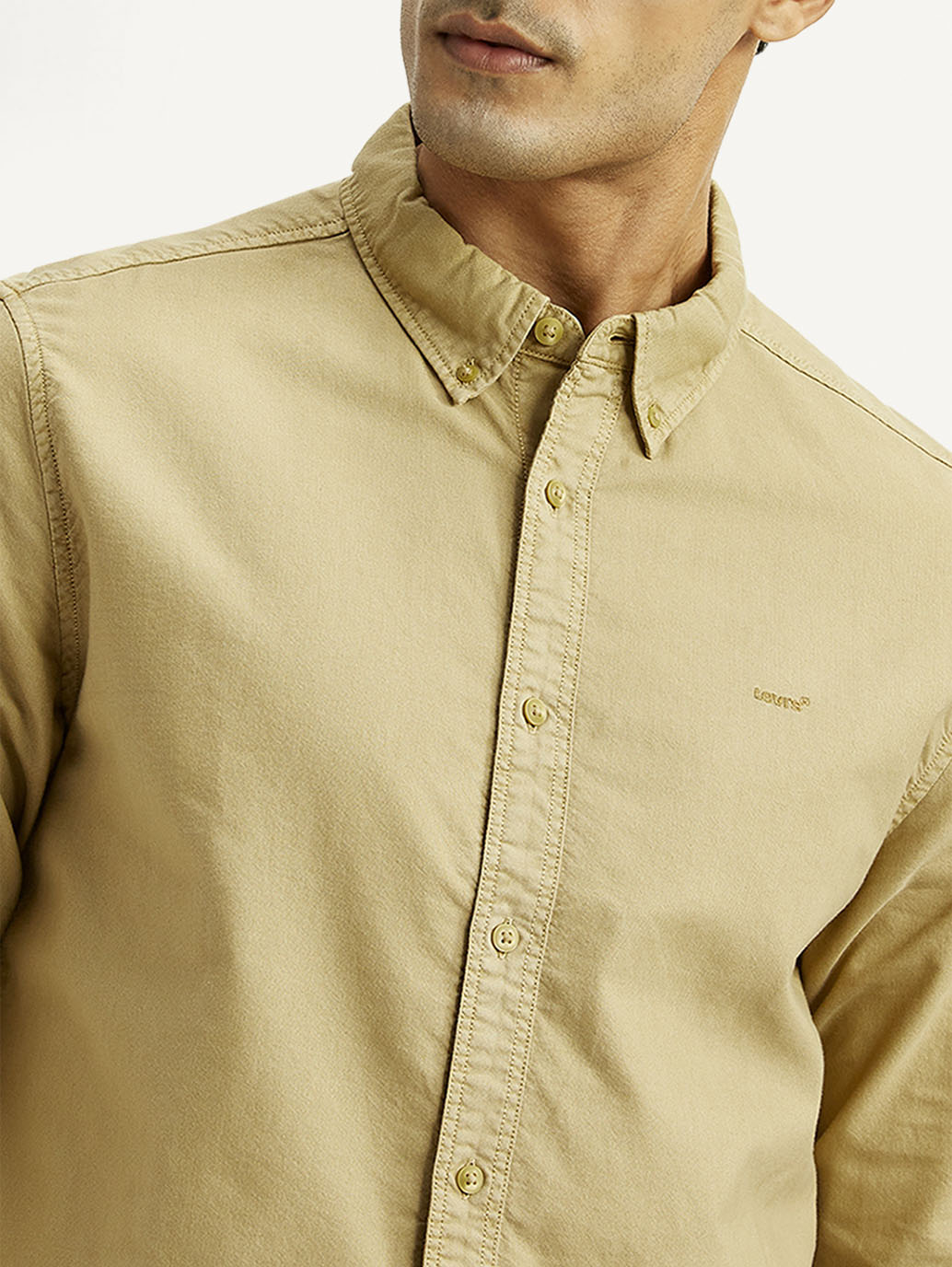 Men's Solid Beige Slim Fit Oxford Shirt - Detail View