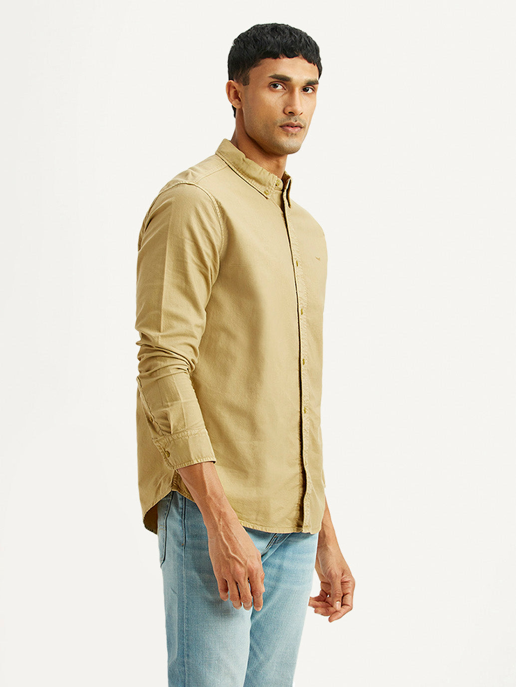 Men's Solid Beige Slim Fit Oxford Shirt - Side View