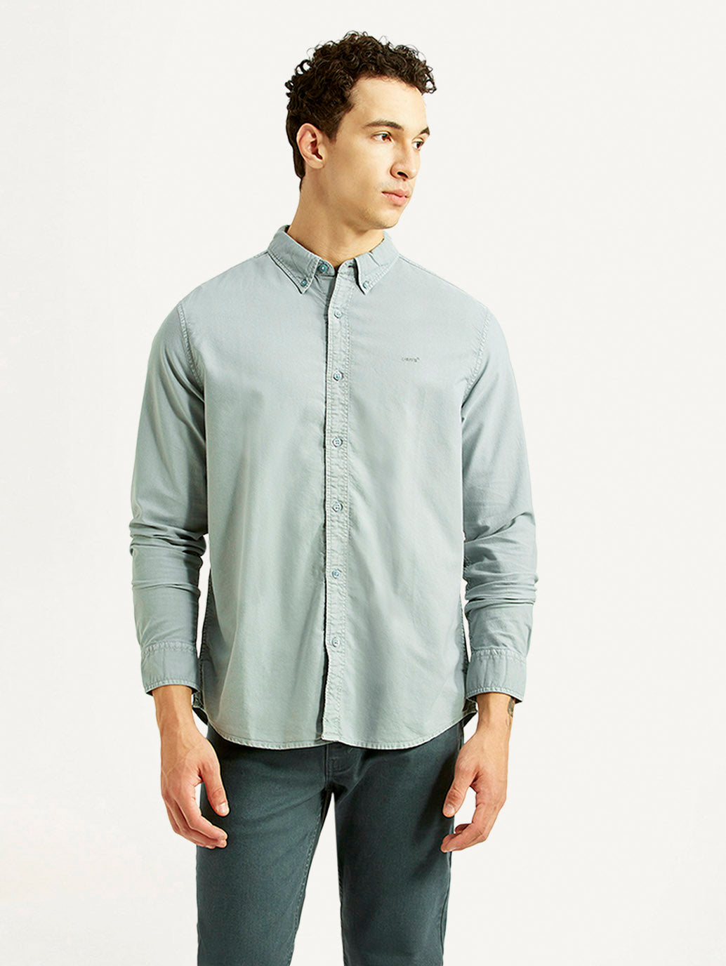 Men's Solid Light Blue Slim Fit Oxford Shirt - Front View