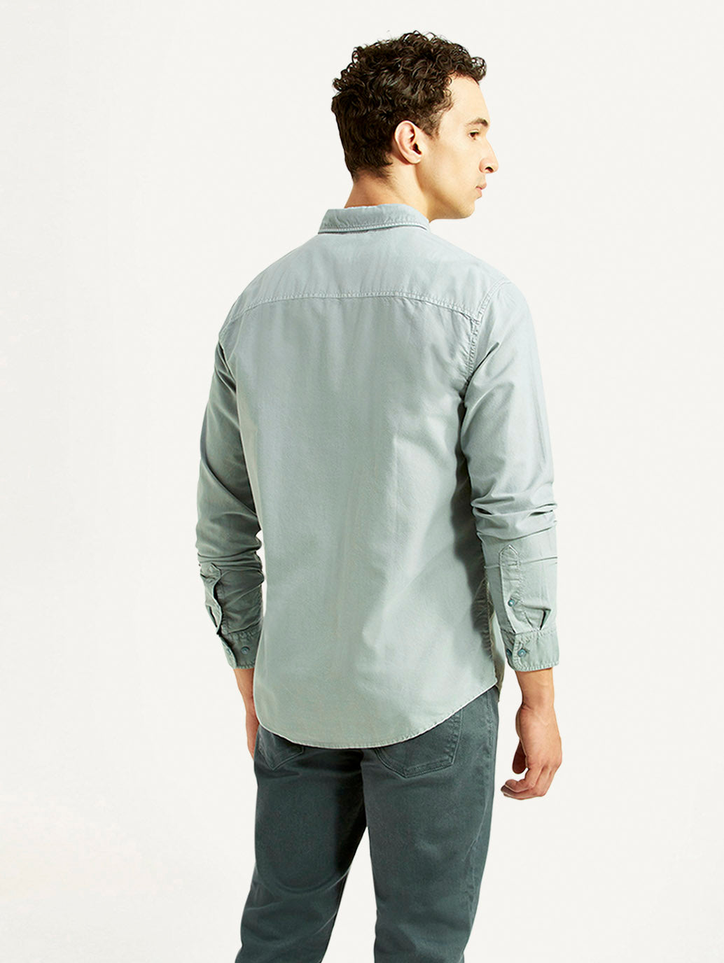 Men's Solid Light Blue Slim Fit Oxford Shirt - Back View