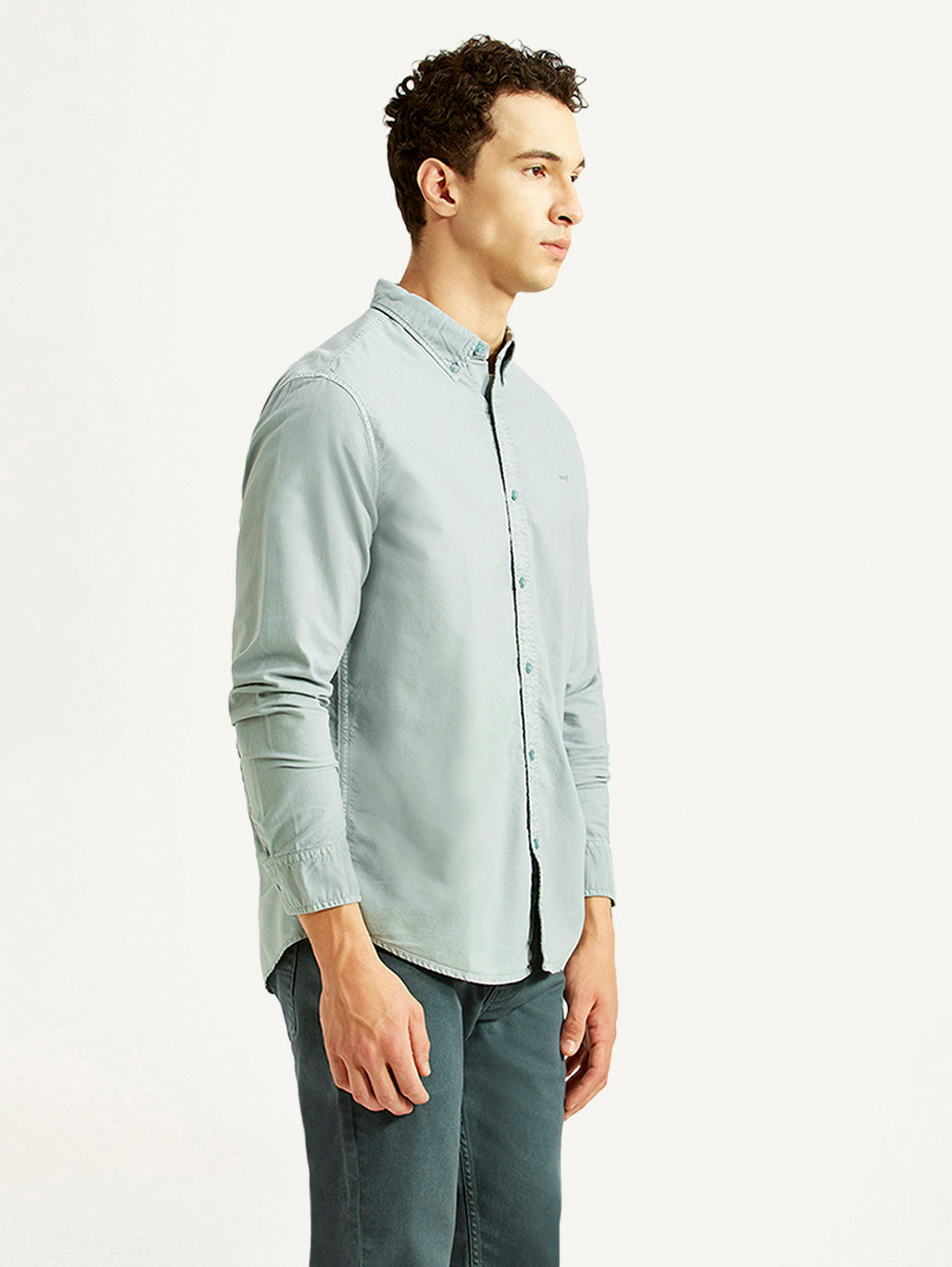 Men's Solid Light Blue Slim Fit Oxford Shirt - Side View