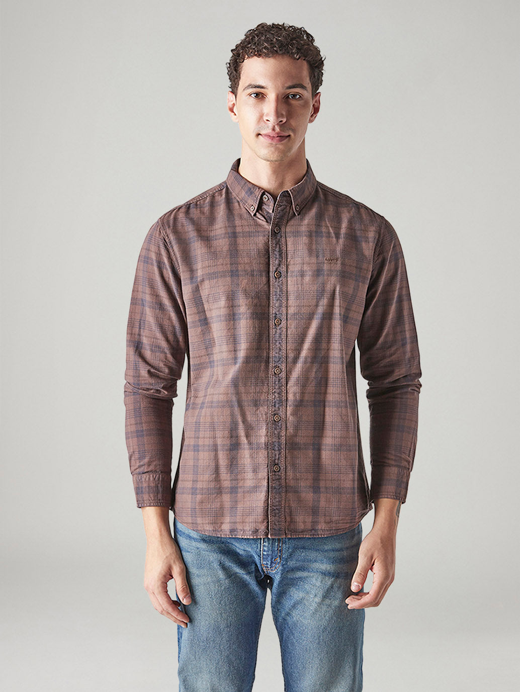 Men's Checkered Slim Fit Overdyed Oxford Shirt - Front View