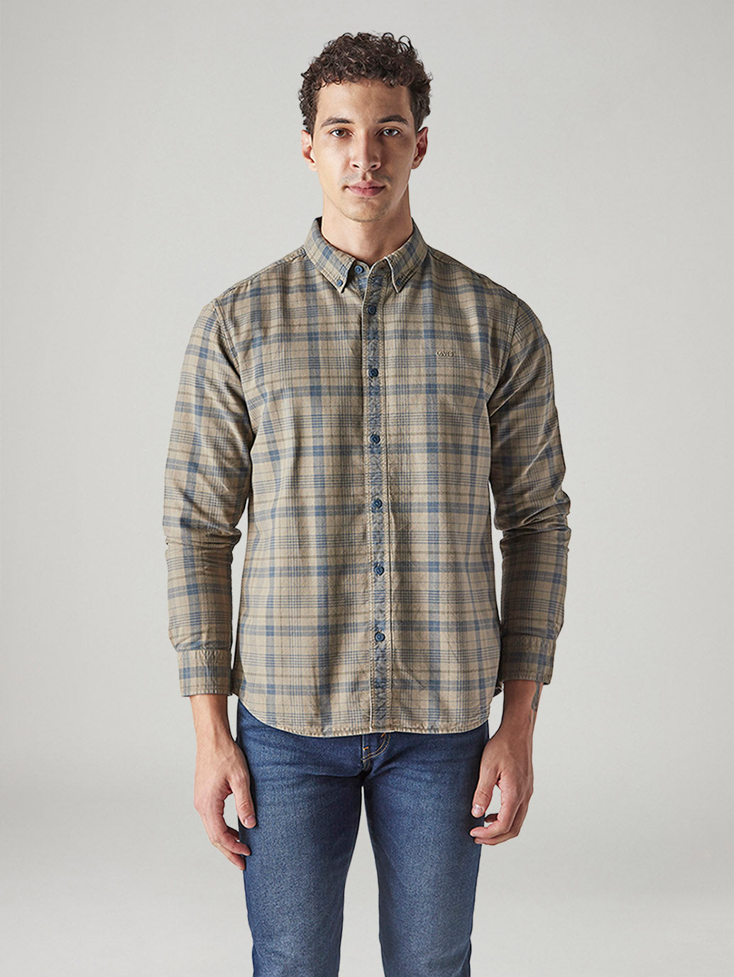Men's Checkered Slim Fit Overdyed Oxford Shirt - Front View