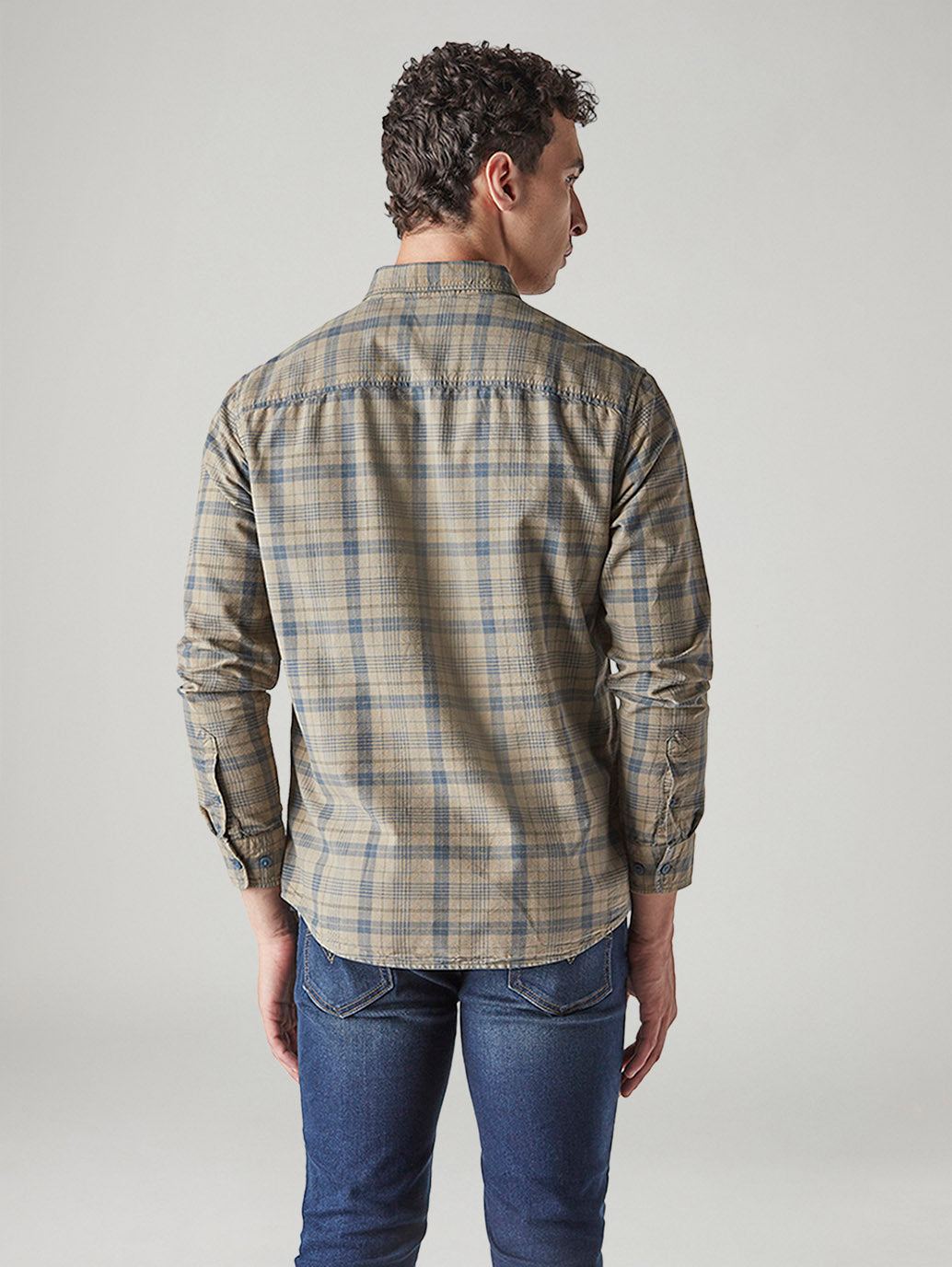 Men's Checkered Slim Fit Overdyed Oxford Shirt - Back View