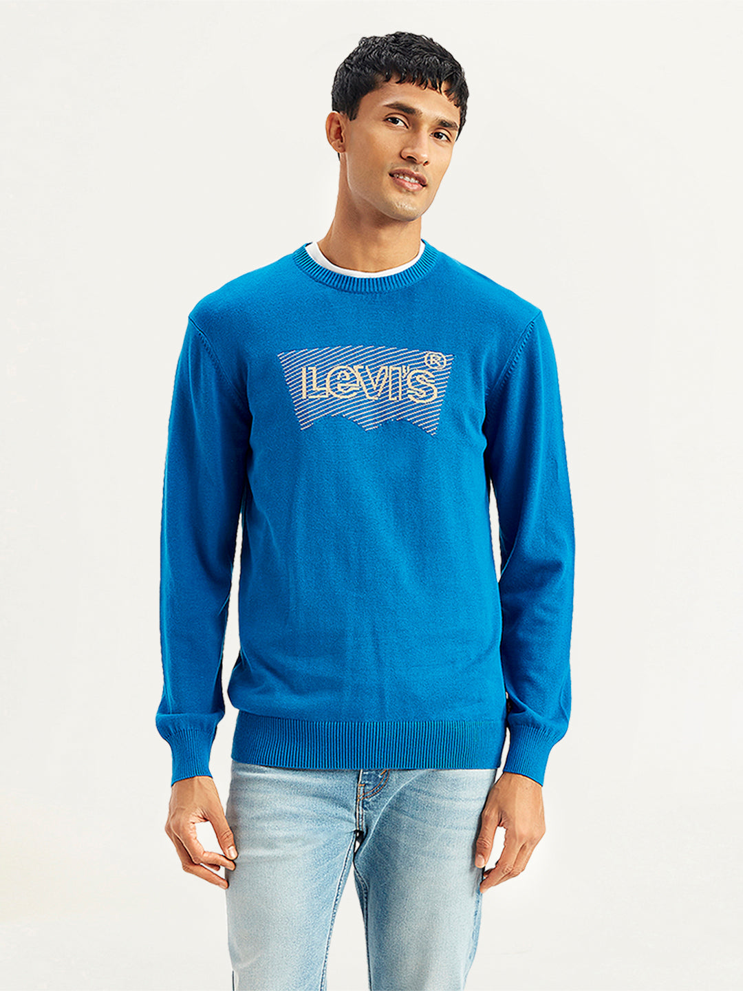 Men's Brand Logo Blue Crew Neck Sweater