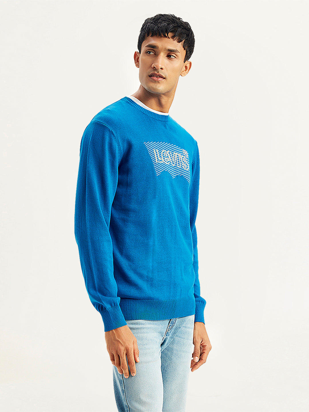 Men's Brand Logo Blue Crew Neck Sweater