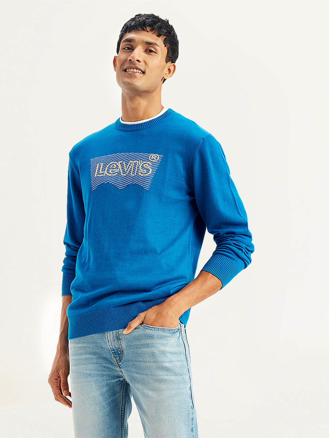 Men's Brand Logo Blue Crew Neck Sweater