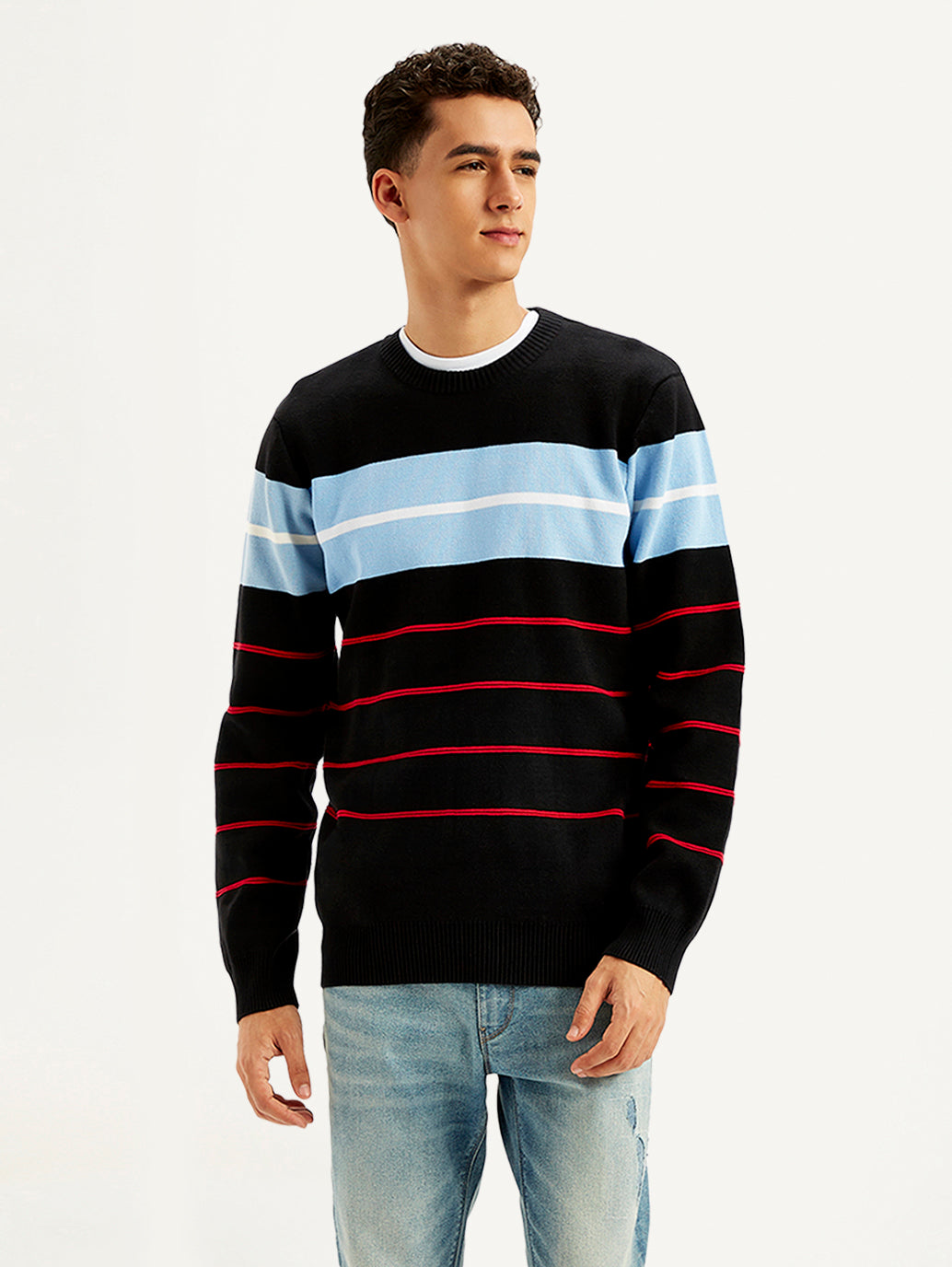 Men's Striped Black Crew Neck Sweater - Main Image