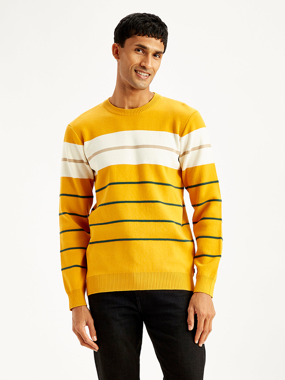 Men's Striped Mustard Crew Neck Sweater